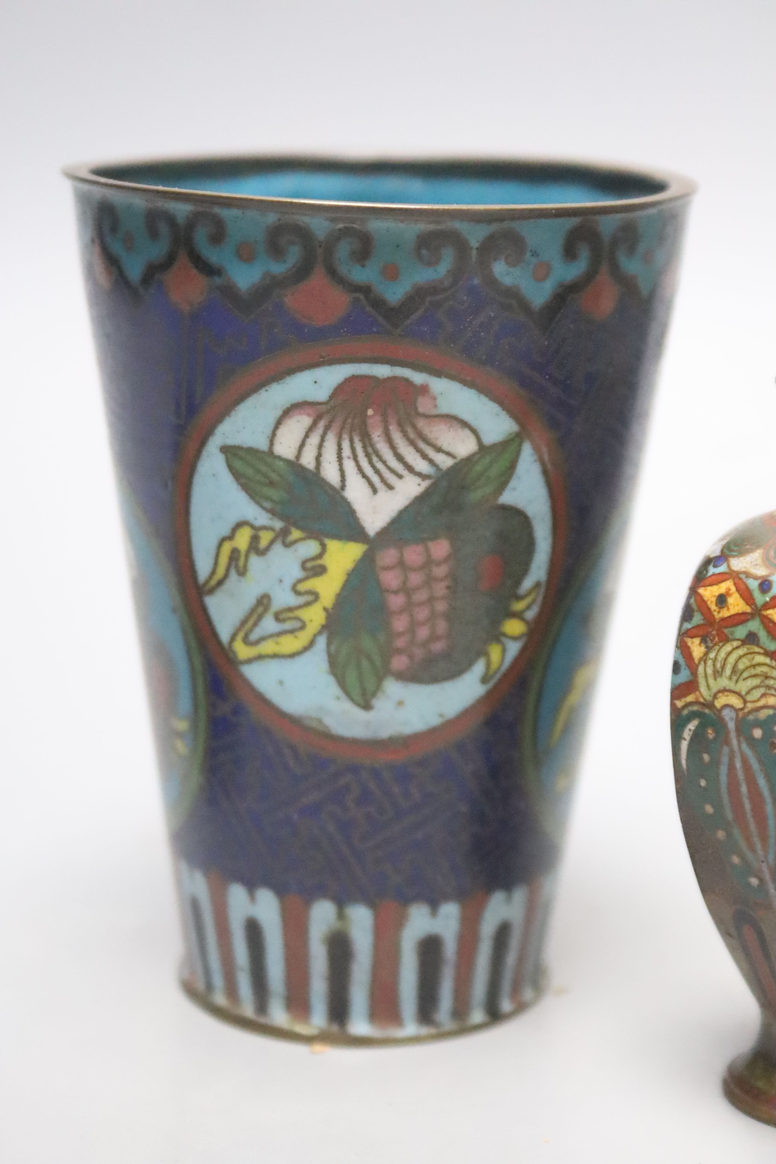 A Chinese cloisonne enamel box & cover, two beakers and four similar Japanese miniature vessels